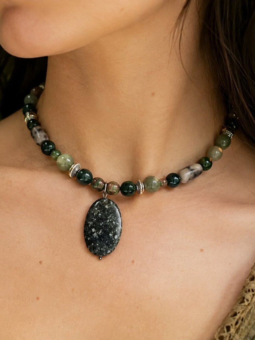 Whimsigoth Multi-Stone Beaded Pendant Choker - Agate, Jasper, Jade, and Garnet